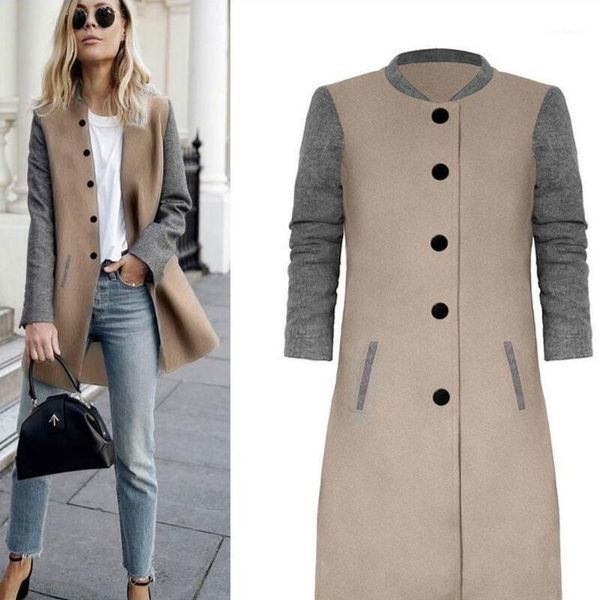 

female coat woolen coat colorblock long contrast stitching slim fashion spring autumn patchwork long sleeve coat-ya051, Black