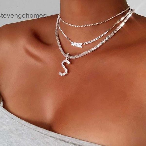 

women's english pendant letter diamond necklace simple ins alloy necklaces, Silver