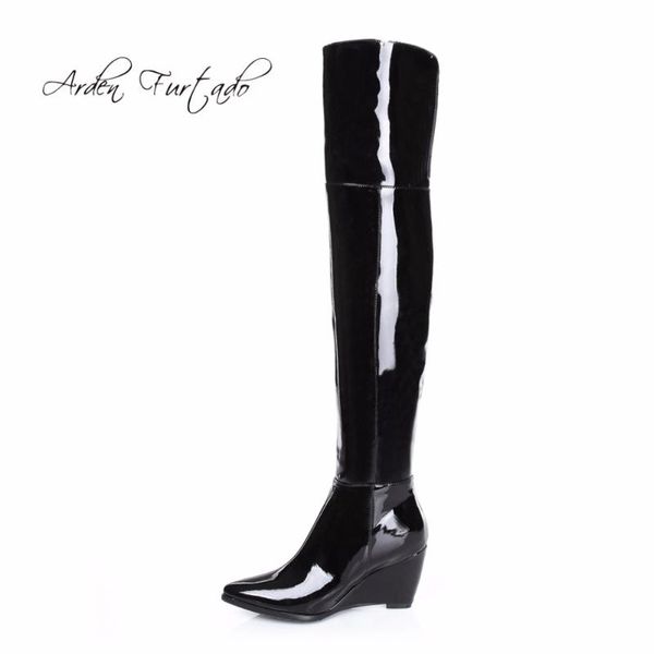 

arden фуртадо 2020 зима подлинной краски кожа клинья высокие каблуки 7cm над коленом сапоги ботинки женщина заостренными ног сапоги, Black