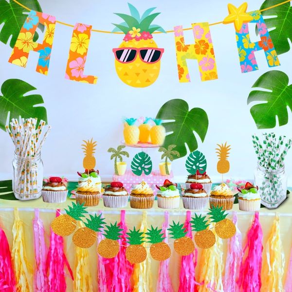 

fengrise pineapple aloha banner hawaiian decoration disposable straw cake er tropical plants summer party supplies