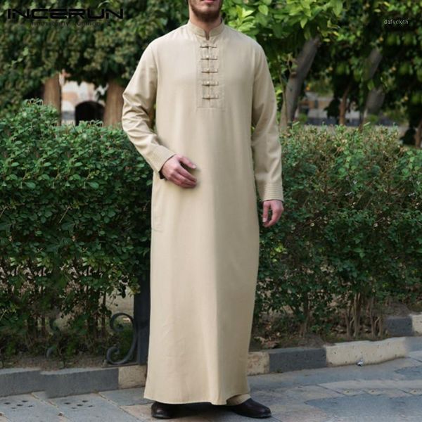 

incerun men jubba thobe solid color long sleeve middle east robes stand collar button vintage islamic arabic dubai kaftan thobe1, Red