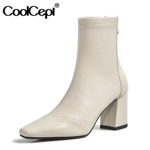 

boots coolcept women ankle fashion zipper thick high heel winter shoes woman casual daily office lady short boot size 34-39, Black