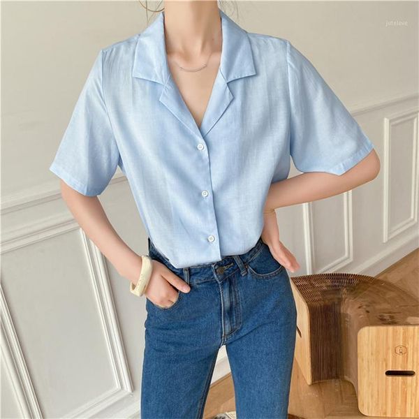 

new 2020 summer women's blouses casual fashionable notched buttons vintage cotton and linen wild office lady shirts 1, White