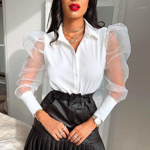 

deat 2020 spring long mesh puff sleeve turn down collar hollow out white blouse women casual mh6841