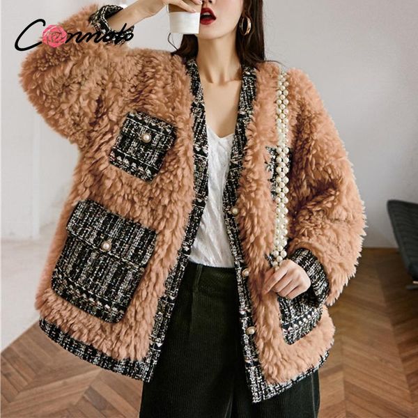 

conmoto elegant light orange autumn winter fur coat split v-neck pocket women overcoat vintage pearl button female fur coat, Black