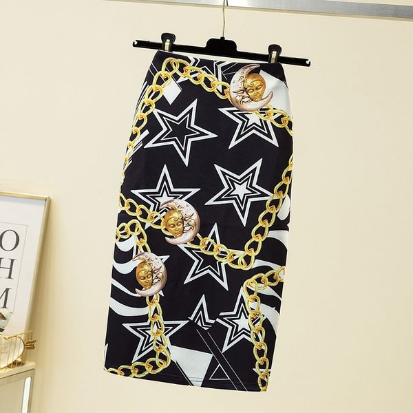 

new pencil skirt digital print retro skirt ladies commuter work skirts star pattern knee-length printing casual skirts, Black