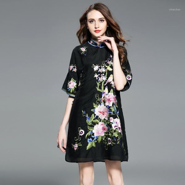 

2019 summer chinese style chiffon embroidery cheongsam maxi dress1, Red