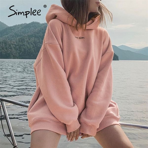 

simplee casual solid pink women fleece sweatshirts long sleeve autumn winter female hoodies fashion loose ladies pullover y200915, Black
