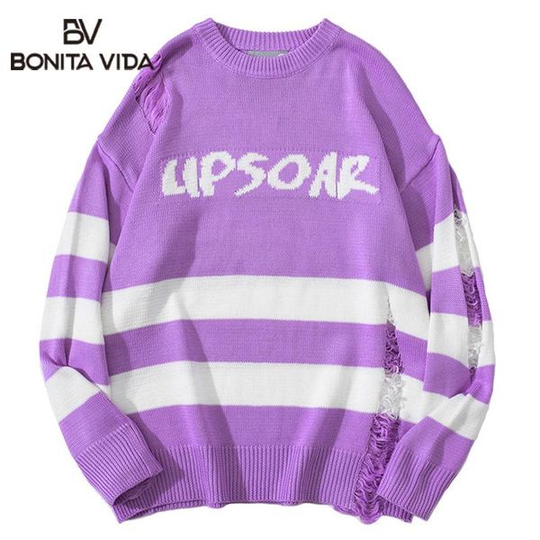 

bonita vida hip hop knitted pullover men's harajuku sweater oversize vintage striped hole knitwear korean style clothes, White;black