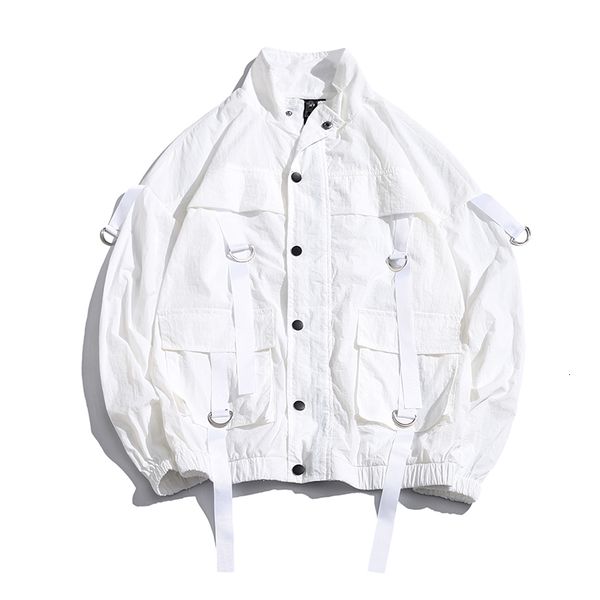 

2021 new arrival men fashion men's overalls thin bomber jacket summer ribbons loose pocket coat hip hop wind jacket us size, Black