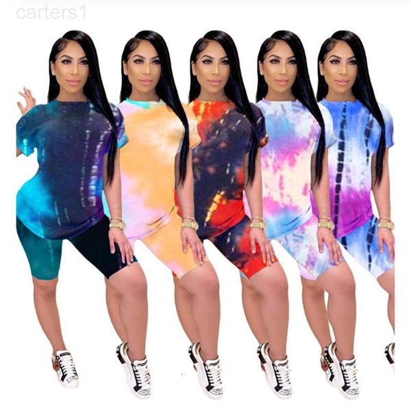 

2022 women's tracksuits summer women short sleeve o-neck tie-dyed tee pencil shorts suits two piece set sporty active tracksuit outfit, Gray