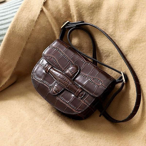 

woonam women new fashion genuine calf leather alligator pattern mini waist flap saddle bag wb634