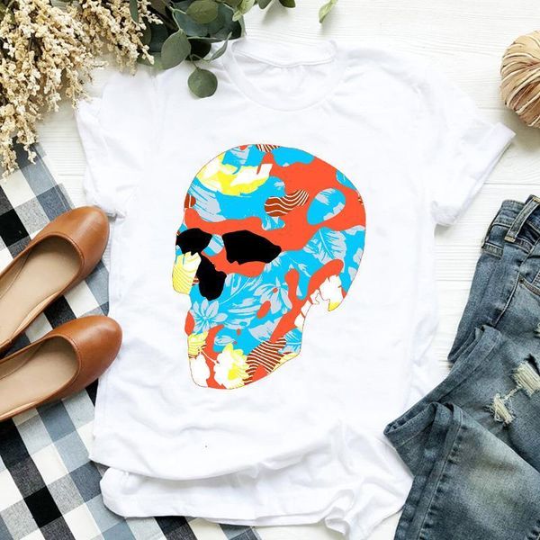 

women lady skull cartoon short sleeve fashion 90s print ladies t tee womens shirt clothes tshirt female graphic t-shirt, White