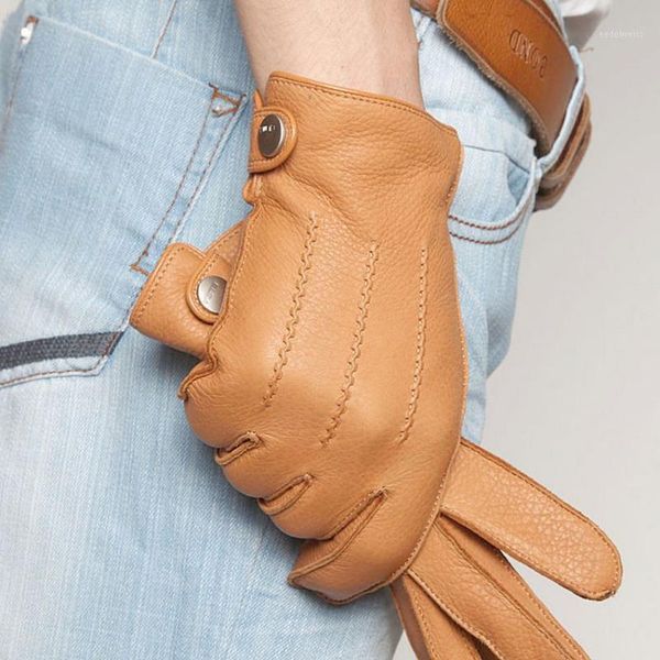 Fingerlose Handschuhe Mode 2021 Luxus Männer Hirschleder Taste Handgelenk Solide Echtes Leder Männliche Winter Fahren Handschuh EM012wr1