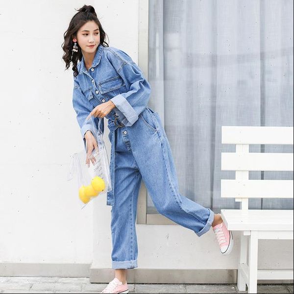

women denim jumpsuit romper long sleeve women loose lapel single breasted jeans jumpsuit ladies denim pants wide leg overalls, Black;white
