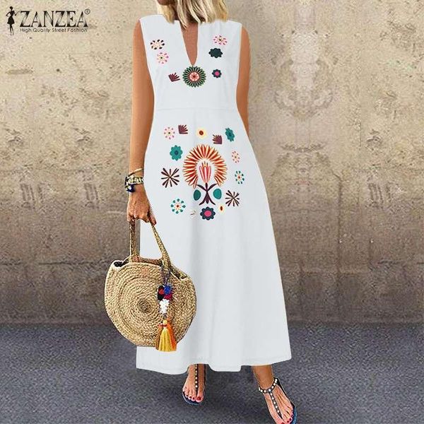 

zanzea fashion v neck party dress 2021 summer floral printed sundress women sleeveless bohemian long vestido female robe tunic, Black;gray