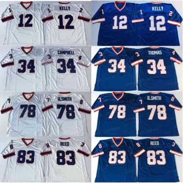 NCAAA Football 12 Jim Kelly 34 Thurman Thomas Maglie 78 Bruce Smith 83 Ander Reed Team Blu Bianco Uomo Vintage cucita