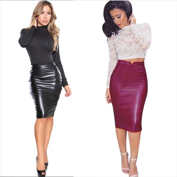 

autumn women pu faux leather skirt high waist bodycon streetwear tight stretch female pencil midi skirts, Black