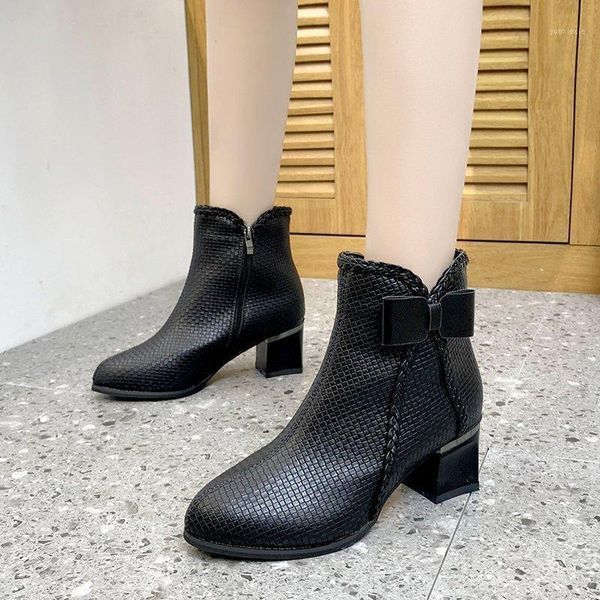 

bowknot pointed toe ankle boots women pumps square heel zipper knight boots winter keep warm women shoes zapatillas mujer1, Black