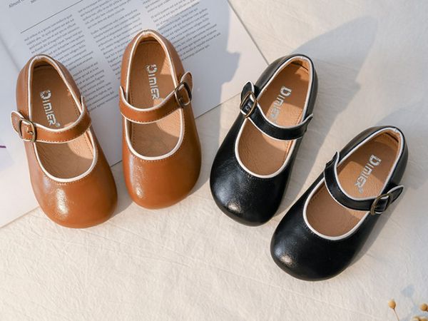 

girls mary jane children leather black brown casual shoe buckle princess student shoes sandq 2020 new, Black;red