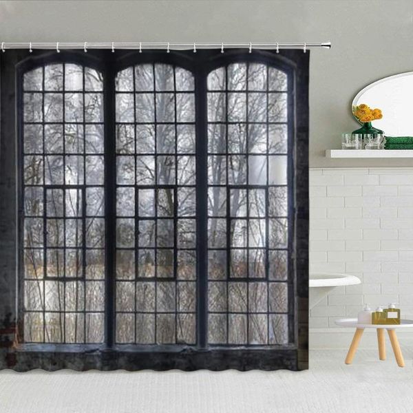 

american industrial iron old window pattern shower curtain winter forest landscape bathroom decor creative waterproof curtains