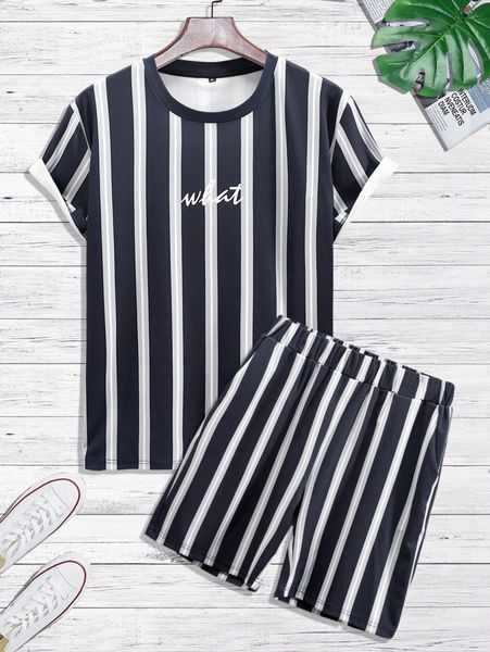 

men striped & letter graphic tee & shorts 04sb#, Gray