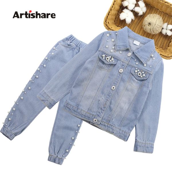 

kids girls clothes set pearl decoration jacket + jeans 2pcs girl set clothes casual style children clothing for girls 6 8 10 12 lj200826, White