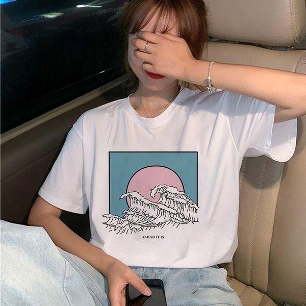 

harajuku ocean wave print t shirt women summer short sleeve tshirts female casual funny tee shirt femme camisetas mujer, White