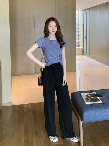 

deekm 2020 summer new internet celebrity t-shirt with high wide pantst-shirt wide leg two-piece pants leg trousers casual pantswaist set for, Gray