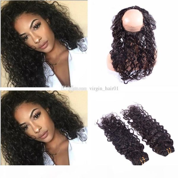 

малазийская глубокая волна человеческих волосы с 360 lace фронтального natural color deep завитых 360 lace фронтальных пачками pre щипковых, Black;brown