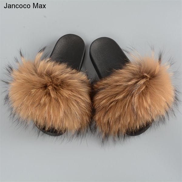 

new arrival shoes women slippers real raccoon fur slides summer fur flip flops lady sandals fluffy sliders s6020 y200106, Black