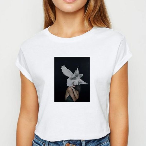 

new t shirt women feather flower girl tshirt spring summer prevalent persionalized white round collar t-shirts