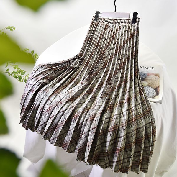 

sheblingbling women casual long skirts autumn winter a line female pleated ladies high waist midi plaid skirt y1214, Black