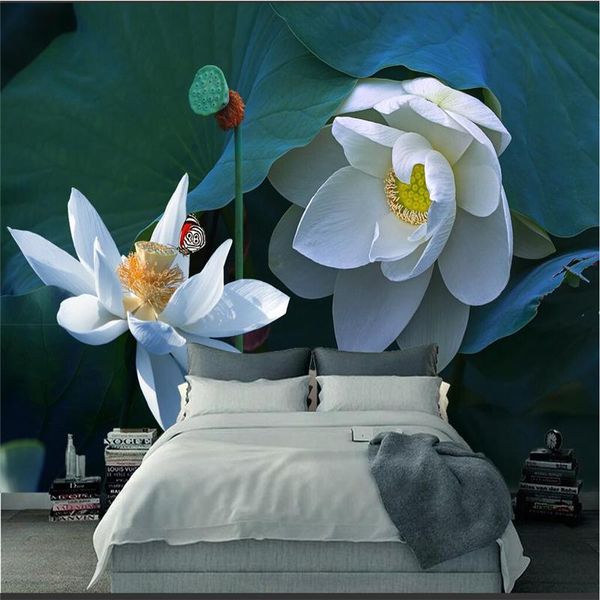 

3d custom p modern style floral non-woven mural wallpaper roll flower white lotus extra thick for living room bedroom study