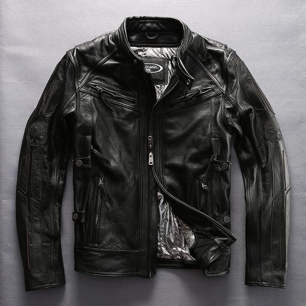 

2019 new men genuine leather jacket fashion luminous back skull motorcycle biker jackets thick cowhide cotton liner winter coats1, Black