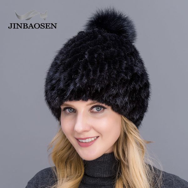 

jinbaosen новой толстая женской шляпы горячей продажи реальной норка мех шляпа дама зима вязать шляпу воды с лисой мехом помпонами 201009, Blue;gray