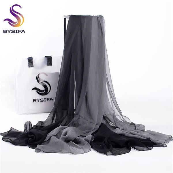 

bysifa] winter women scarves brand solid gradient silk long wrap shawl bufandas new grey black neck scarf 190*160cm y201007, Blue;gray