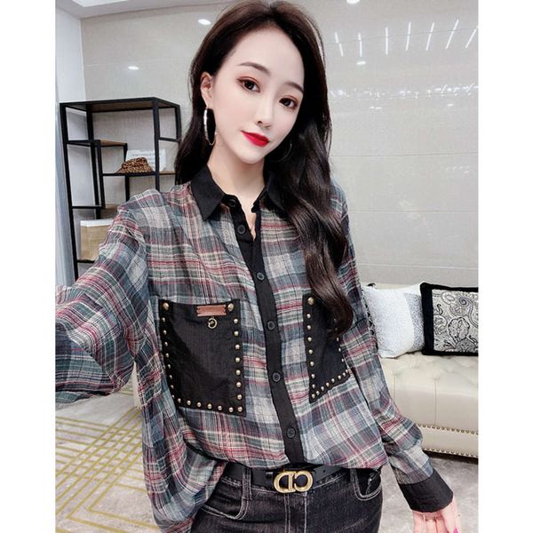 

2021 early spring new half through plaid shirt women's personalized nail bead pocket loose top, White