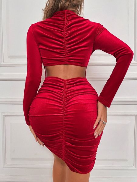 

mock neck ruched cut out back velvet bodycon dress m1w9#, Black;gray