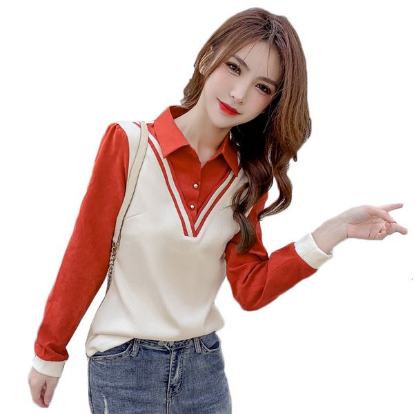 

2021 corduroy long sleeve blouse female spring autumn new stitching pullovers women fake two pieces bottoming shirts femme y116 1kxs, White