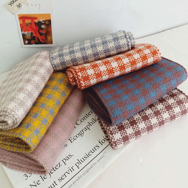 

children's plaid korean knitting scarf color matching, Red;brown