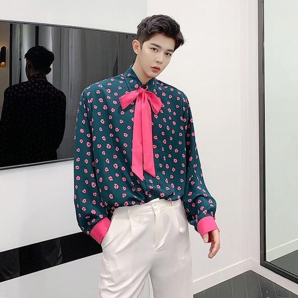 

men's casual shirts spring summer men fashion floral pink bow tie vintage shirt mens contrast color long sleeve oversize green blouse1, White;black