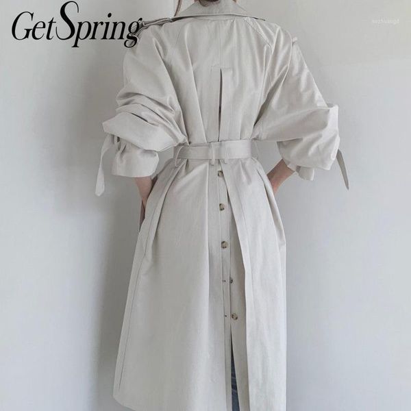 

getspring women trench coat bandage split double breasted trench coat women vintage casual long overcoat 2020 new fashion1, Tan;black