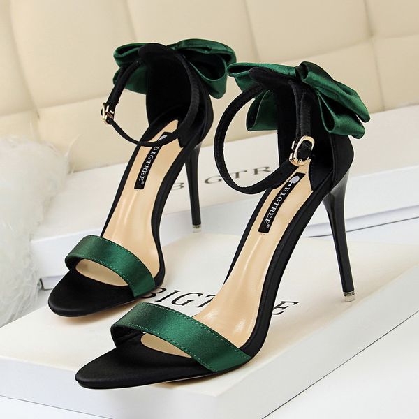 

bigtree korean fashion sweet high heel women's shoes fine heel high-heel satin color-matching word belt bow sandals, Black