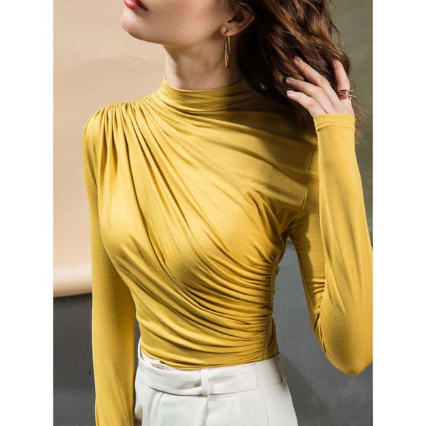 

half fashionable modal color pleated solid high collar warm for autumn 2020 new women's t-shirt, Black;gray