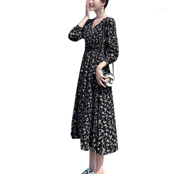 

casual dresses women's spring autumn style dress elegant v-neck long sleeve ruffles printed korean sweet ss36471, Black;gray