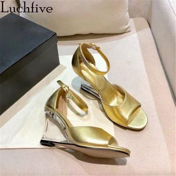

clear high wedges sandals peep toe shoes woman ankle buckle strap party shoes 2021 gold leather sapatos feminina, Black