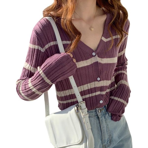 

women's knits & tees antumn women cardigan soft waxy knitted gentle wind thin striped long-sleeved short sweater, White