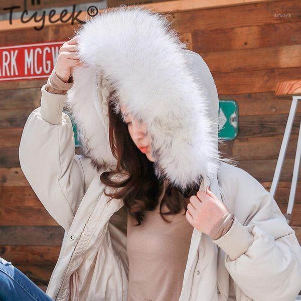 

tcyeek winter down jacket women + raccoon fur hooded thick warm white duck down coat female hiver clothing casual outwear 80181, Black