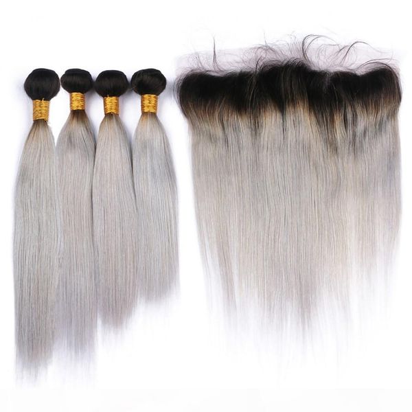 

malaysian silver grey ombre human hair 4 bundles with frontal lace closure #1b grey ombre straight virgin hair weave extensions with frontal, Black;brown